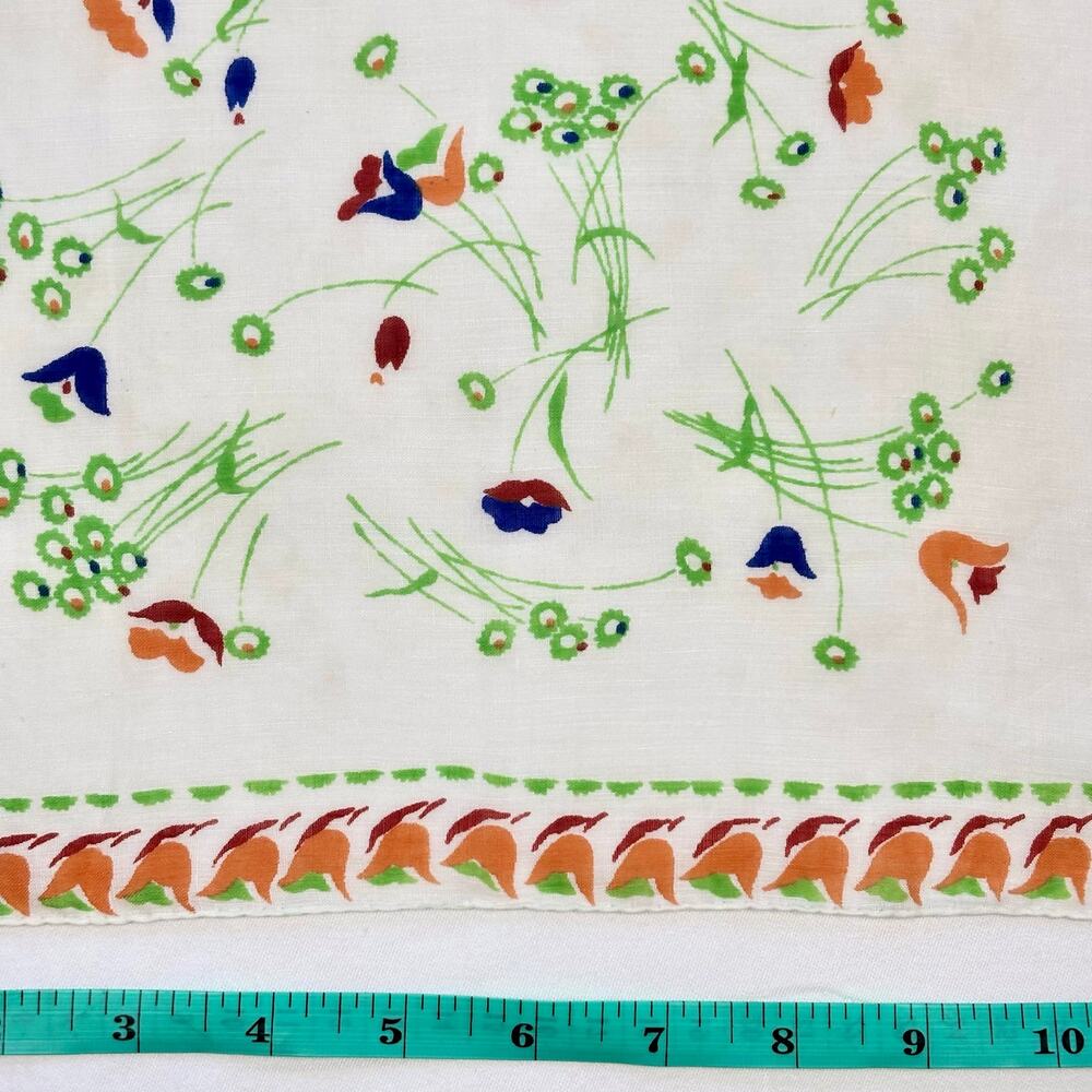 Vintage 1940s Cotton Tulip Print Handkerchief Orange Blue Rust Red Border - Picture 4 of 7
